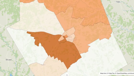 Map preview of Erath County, TX - Population by Census Tract (2023)
