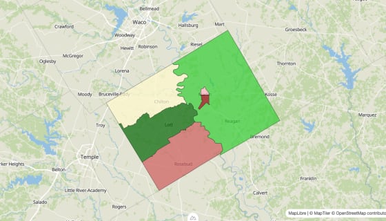 Map preview of Falls County, TX - Median Household Income