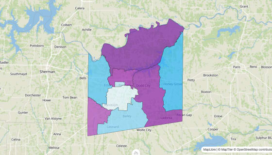 Map preview of Fannin County, TX - Median Age