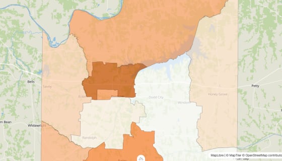 Map preview of Fannin County, TX - Population by Census Tract (2023)