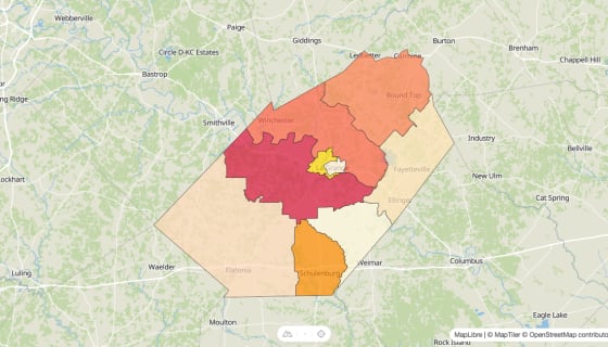 Map preview of Fayette County, TX - Median Gross Rent