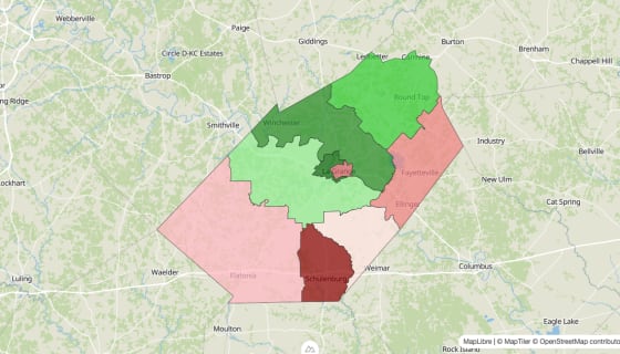 Map preview of Fayette County, TX - Median Household Income