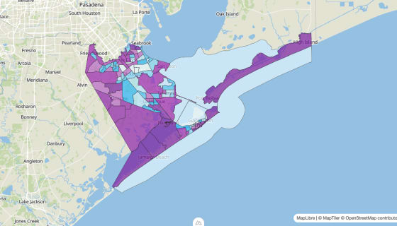 Map preview of Galveston County, TX - Median Age