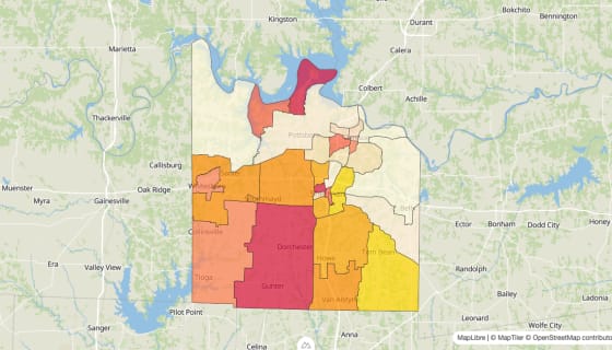 Map preview of Grayson County, TX - Median Gross Rent