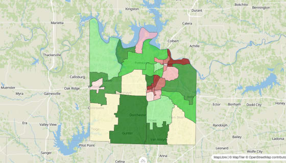 Map preview of Grayson County, TX - Median Household Income