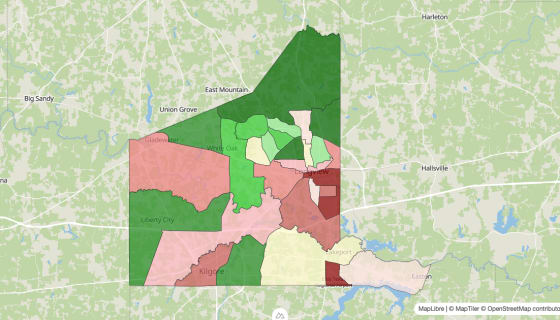 Map preview of Gregg County, TX - Median Household Income