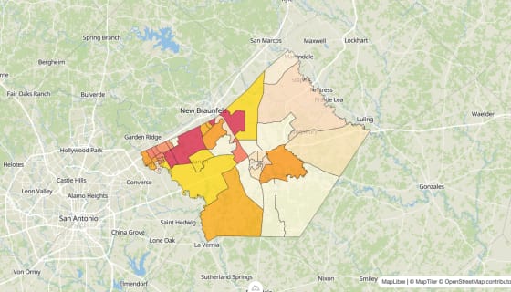 Map preview of Guadalupe County, TX - Median Gross Rent