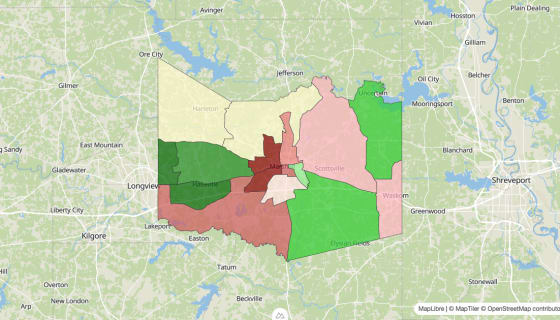 Map preview of Harrison County, TX - Median Household Income