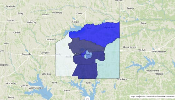 Map preview of Hopkins County, TX - Median Home Value