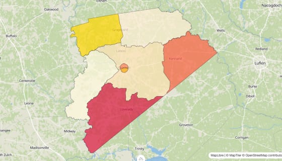Map preview of Houston County, TX - Median Gross Rent