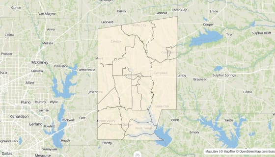 Map preview of Hunt County, TX - Bachelor's Degree Rate