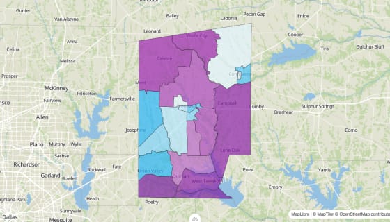 Map preview of Hunt County, TX - Median Age