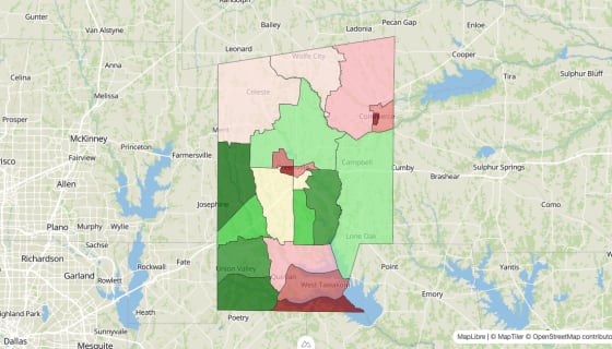 Map preview of Hunt County, TX - Median Household Income