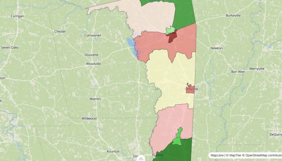 Map preview of Jasper County, TX - Median Household Income