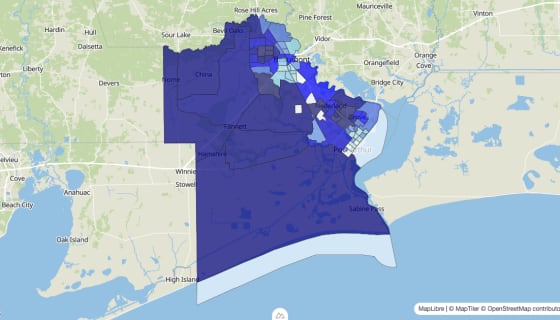 Map preview of Jefferson County, TX - Median Home Value