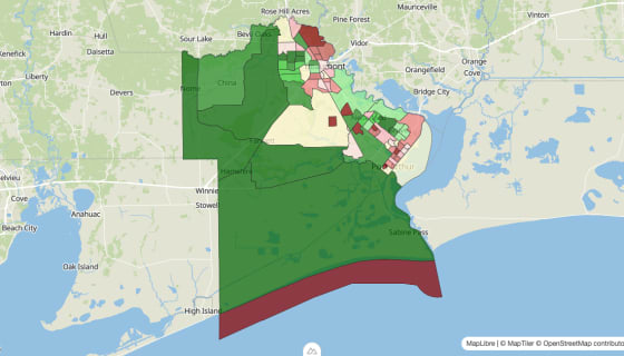 Map preview of Jefferson County, TX - Median Household Income