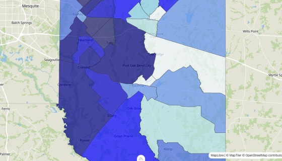 Map preview of Kaufman County, TX - Median Home Value