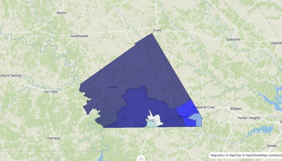 Map preview of Lampasas County, TX - Median Home Value