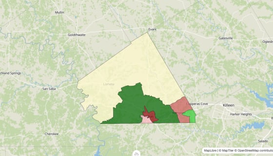 Map preview of Lampasas County, TX - Median Household Income