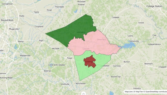 Map preview of Lee County, TX - Median Household Income