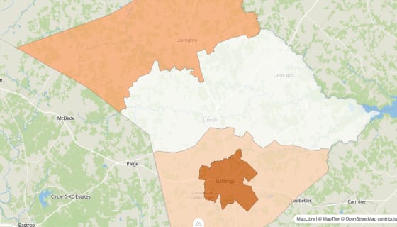 Map preview of Lee County, TX - Population by Census Tract (2023)