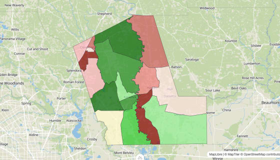 Map preview of Liberty County, TX - Median Household Income