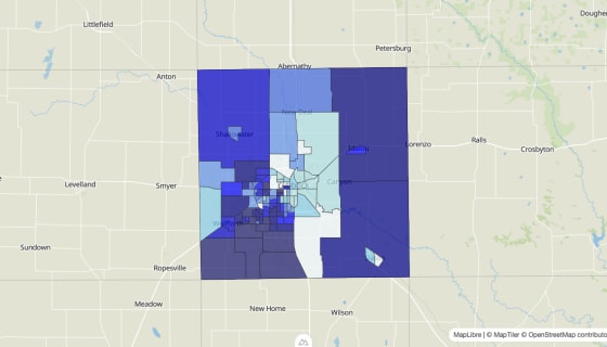 Map preview of Lubbock County, TX - Median Home Value