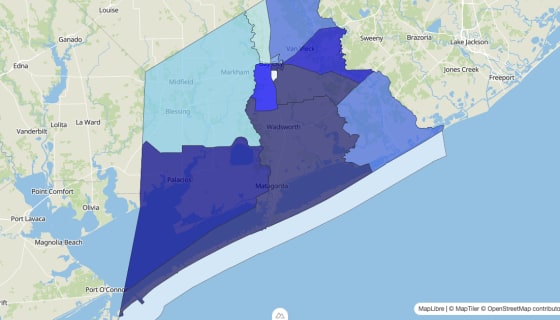 Map preview of Matagorda County, TX - Median Home Value