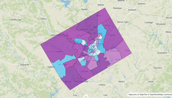 Map preview of McLennan County, TX - Median Age
