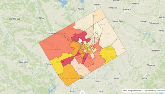 Map preview of McLennan County, TX - Median Gross Rent