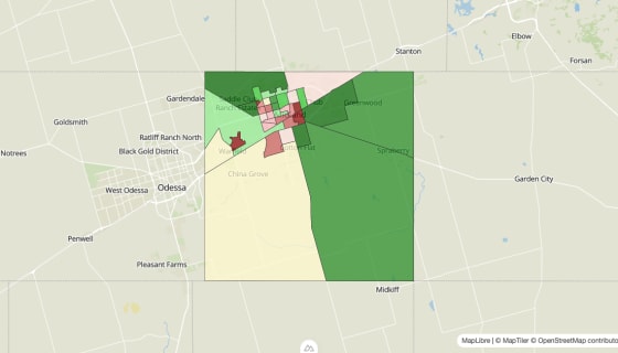 Map preview of Midland County, TX - Median Household Income