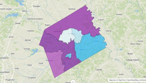 Map preview of Milam County, TX - Median Age
