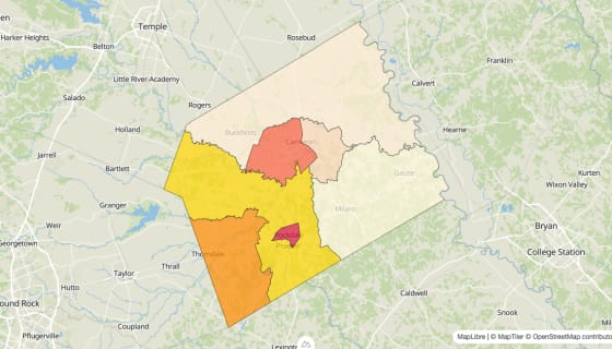 Map preview of Milam County, TX - Median Gross Rent
