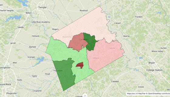 Map preview of Milam County, TX - Median Household Income