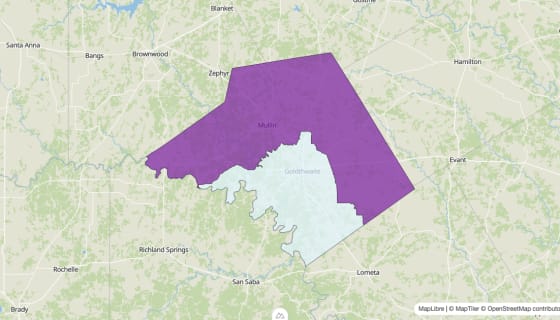 Map preview of Mills County, TX - Median Age