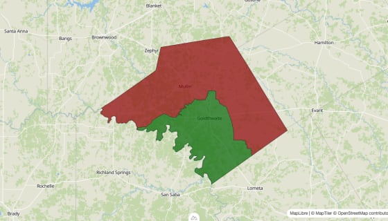 Map preview of Mills County, TX - Median Household Income