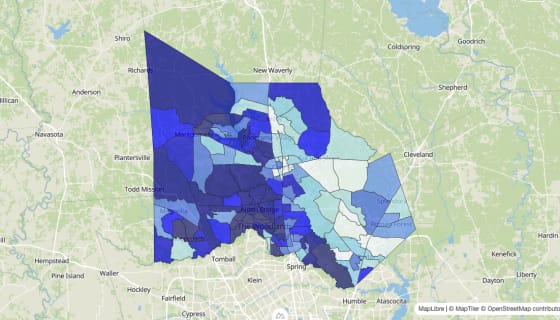 Map preview of Montgomery County, TX - Median Home Value