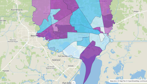Map preview of Orange County, TX - Median Age