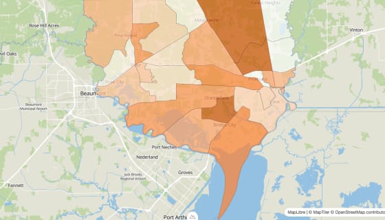 Map preview of Orange County, TX - Population by Census Tract (2023)