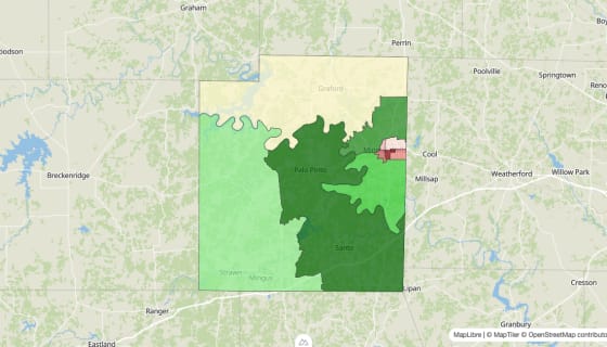 Map preview of Palo Pinto County, TX - Median Household Income