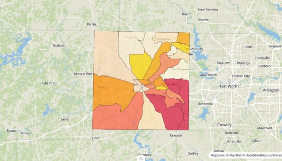 Map preview of Parker County, TX - Median Gross Rent