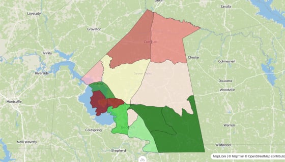 Map preview of Polk County, TX - Median Household Income
