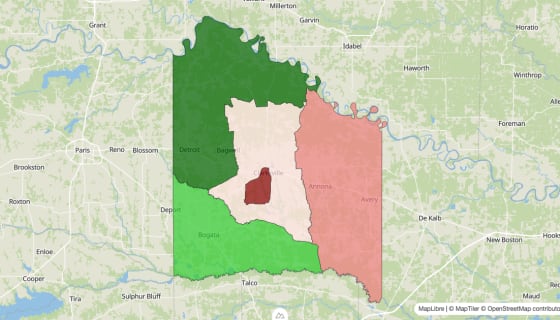 Map preview of Red River County, TX - Median Household Income