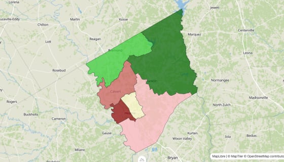 Map preview of Robertson County, TX - Median Household Income