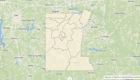 Map preview of Rusk County, TX - Bachelor's Degree Rate