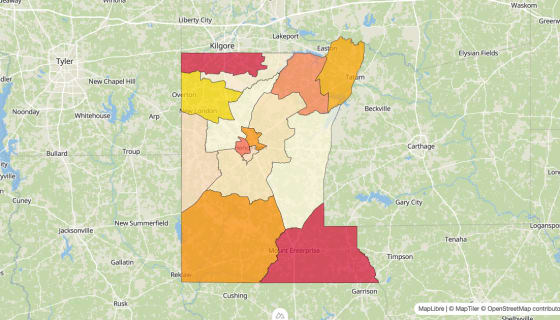 Map preview of Rusk County, TX - Median Gross Rent