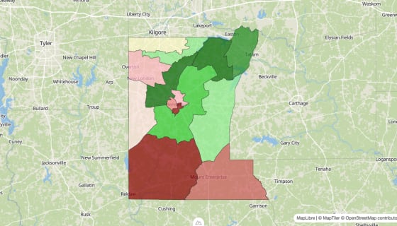 Map preview of Rusk County, TX - Median Household Income