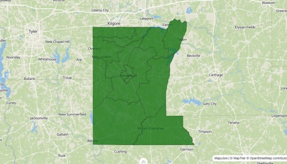 Map preview of Rusk County, TX - Poverty Rate