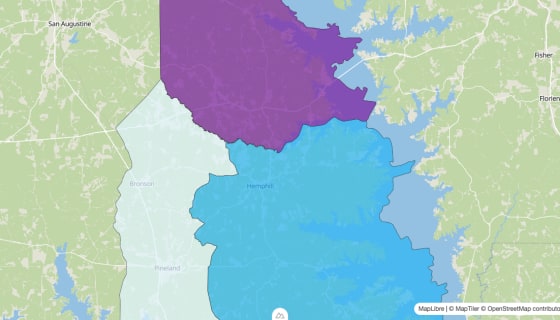 Map preview of Sabine County, TX - Median Age