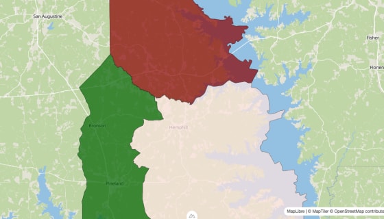 Map preview of Sabine County, TX - Median Household Income